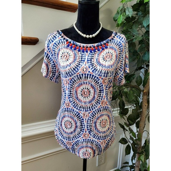 Ruby Rd. Women's Blue Rayon Round Neck Short Sleeve Casual Top Blouse Size PL - Picture 1 of 11